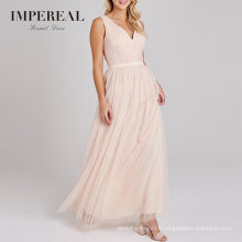 Build In Cup Backless Nude Maxi Lace Trimming Custom Prom Bridesmaid Dresses